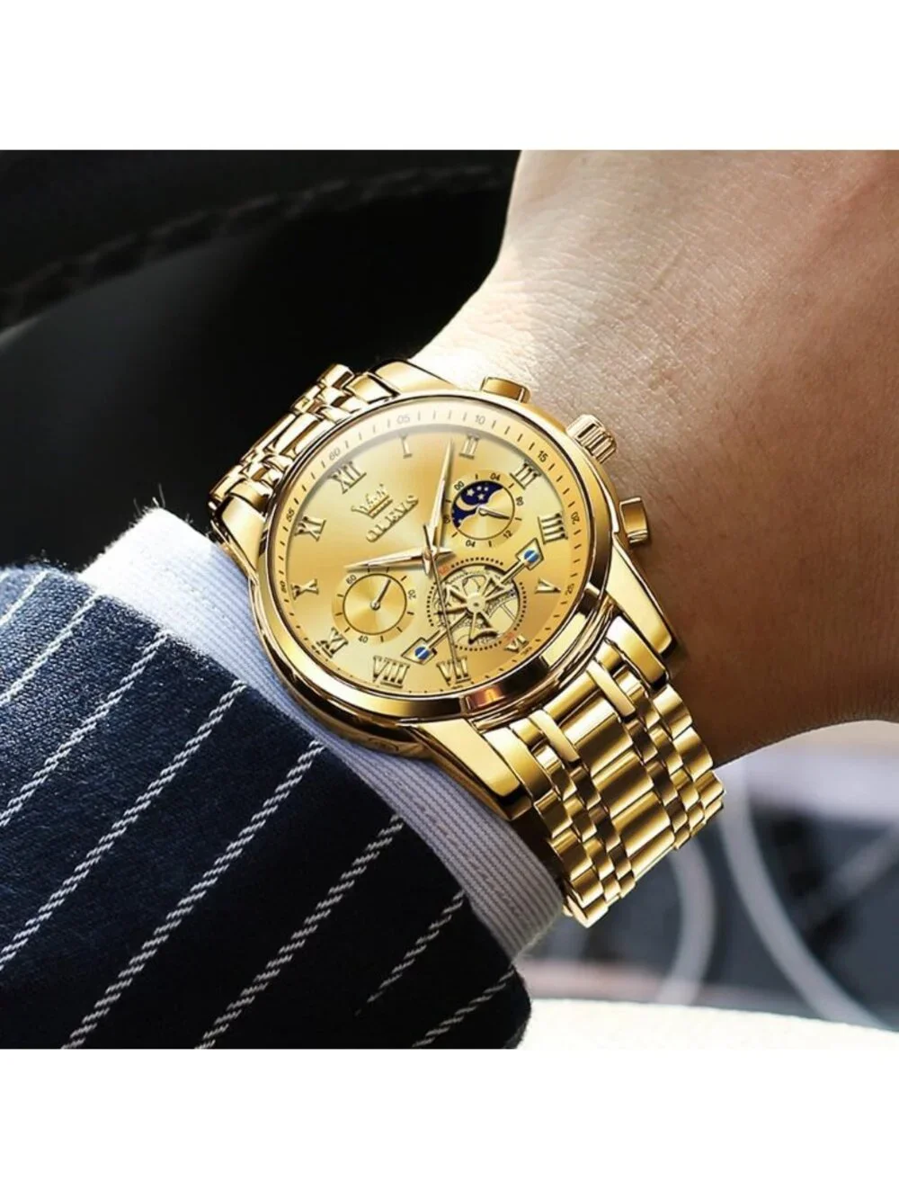 Men's Gold Band and Gold Face Stainless Steel Waterproof Big Face Wrist Watch